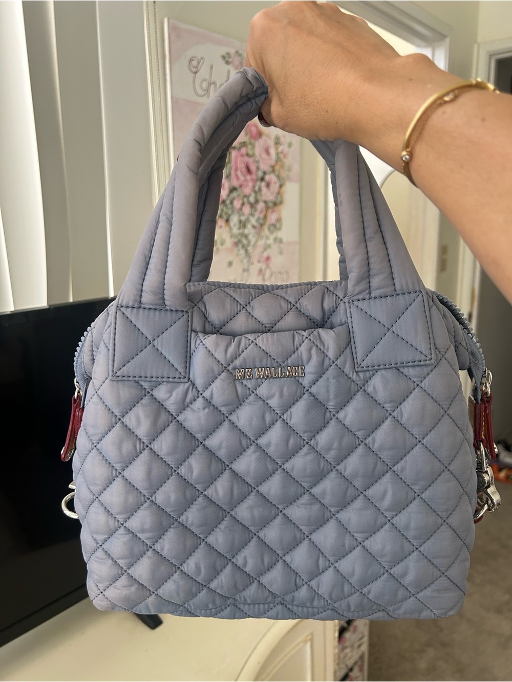 Mz Wallace Small Sutton Deluxe Quilted Stone Blue Top-Handle Crossbody bag.